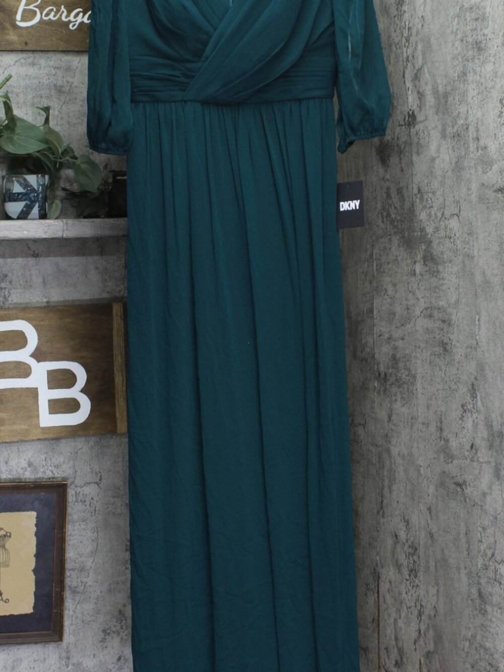Dkny Green Chiffon Balloon Sleeve Faux Wrap Side Slit Maxi Dress 8